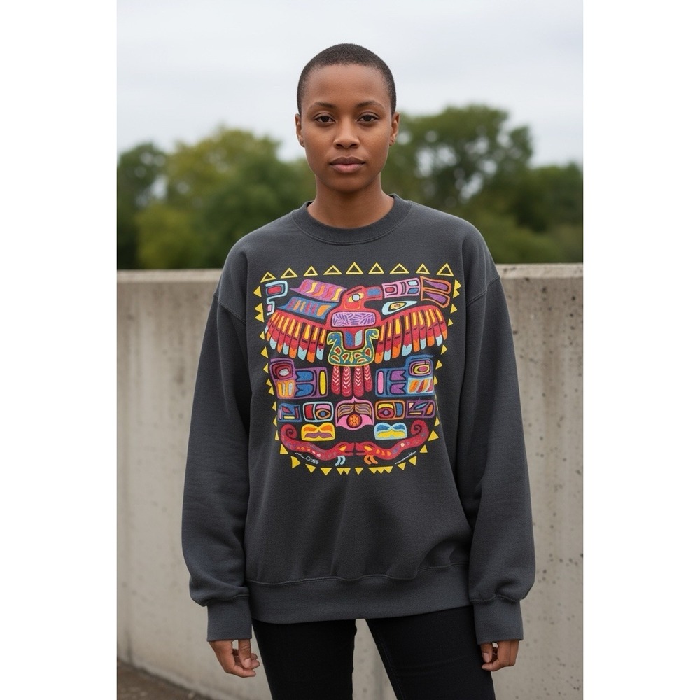 Vtg 90's Susan Costello Sweatshirt XL Black Totem Pole Aztec Indian Pop Art